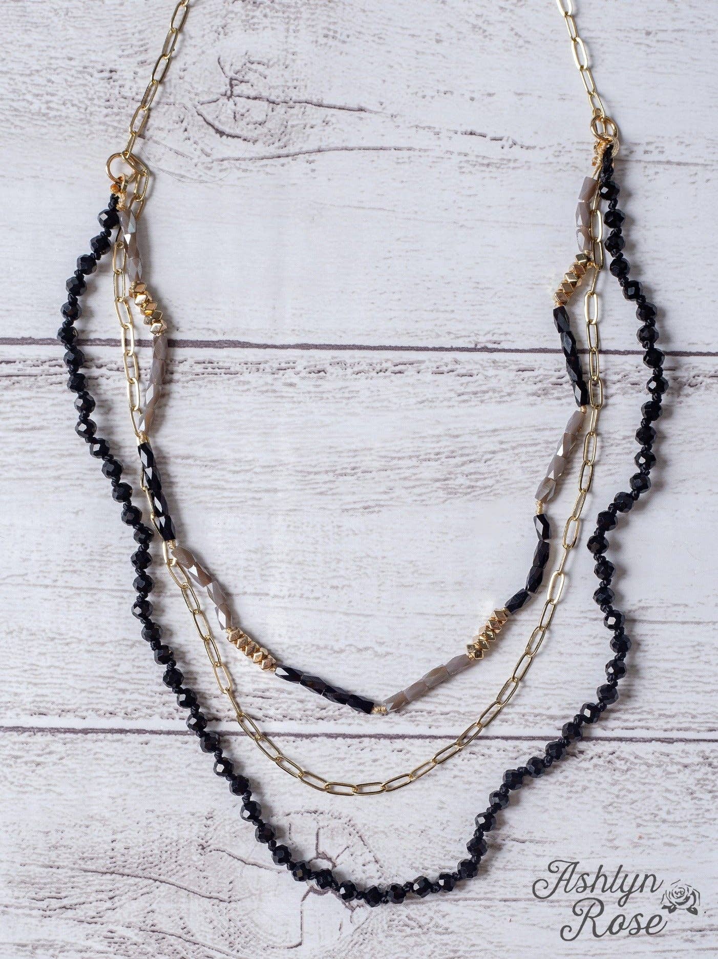 NEW YORK CITY NIGHTS BLACK CRYSTAL LAYERED GOLD LINKED CHAIN NECKLACE