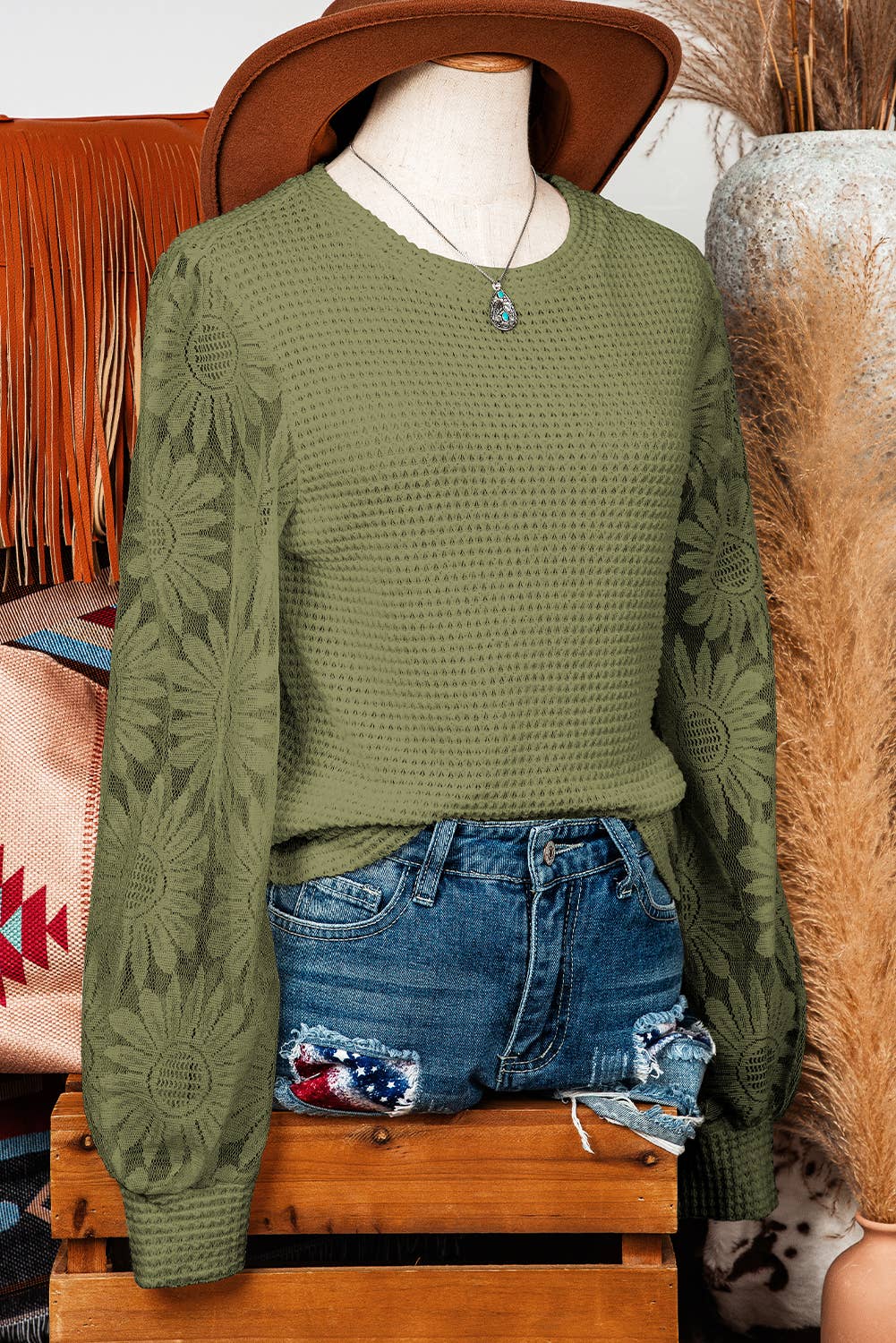 Sunflower Mesh Bubble Sleeve Waffle Knit Top