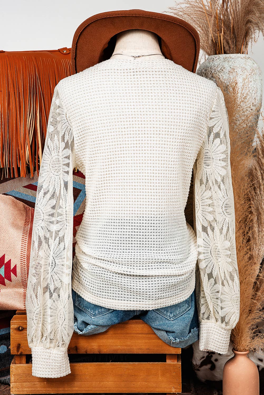 Sunflower Mesh Bubble Sleeve Waffle Knit Top