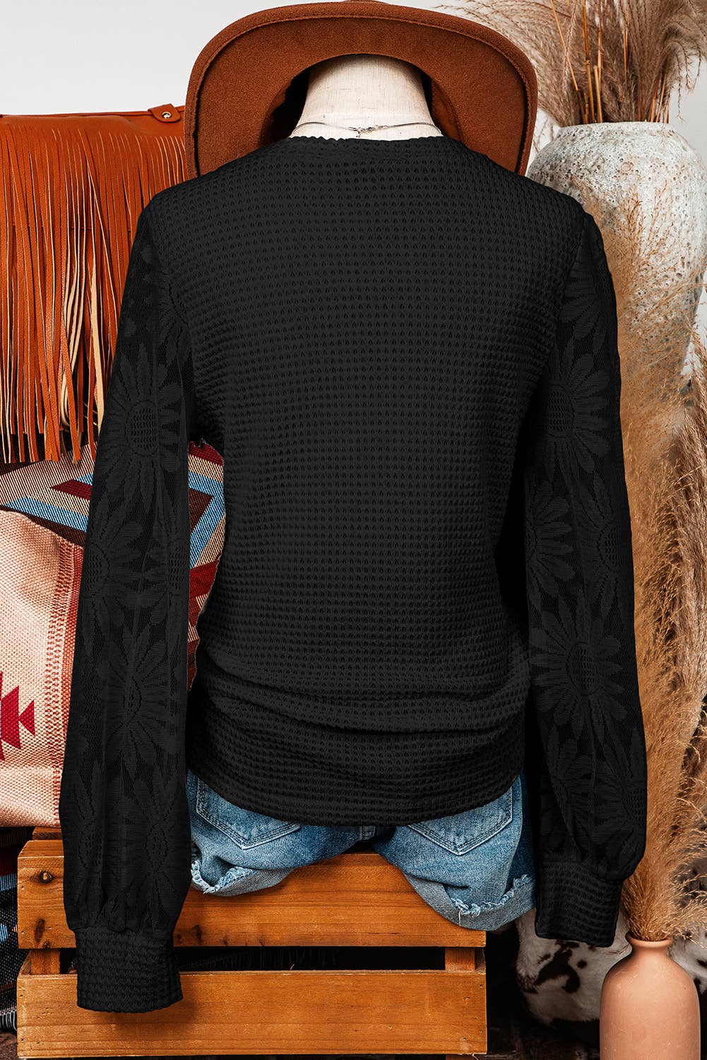 Sunflower Mesh Bubble Sleeve Waffle Knit Top