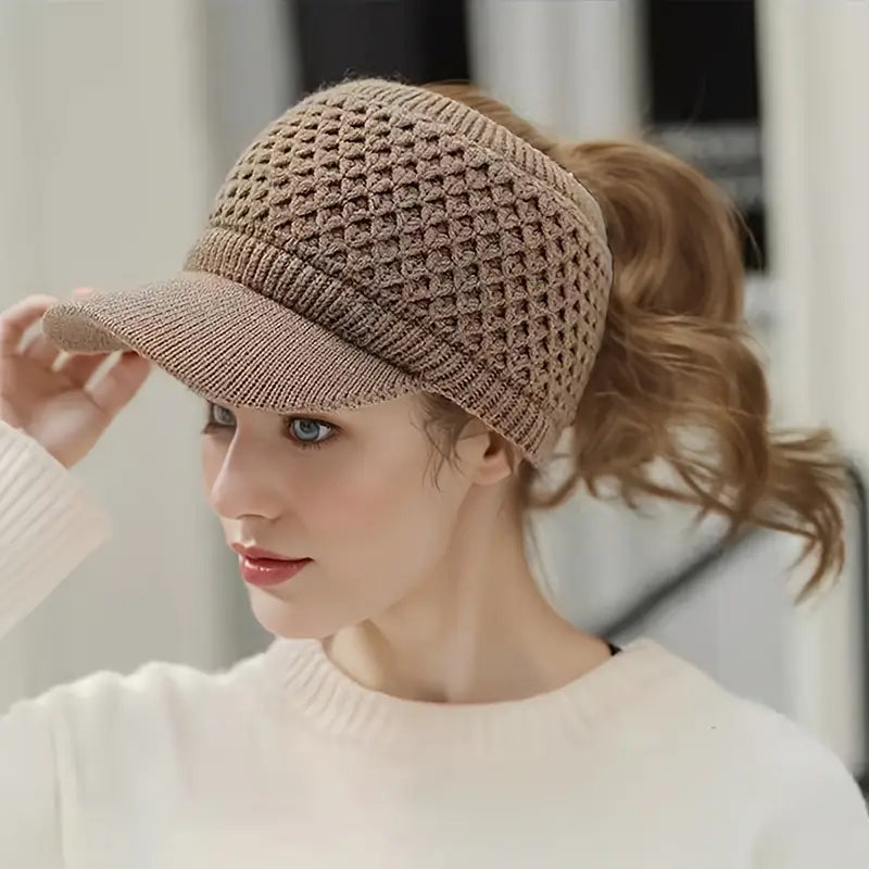 Cotton knit ponytail beanie cap
