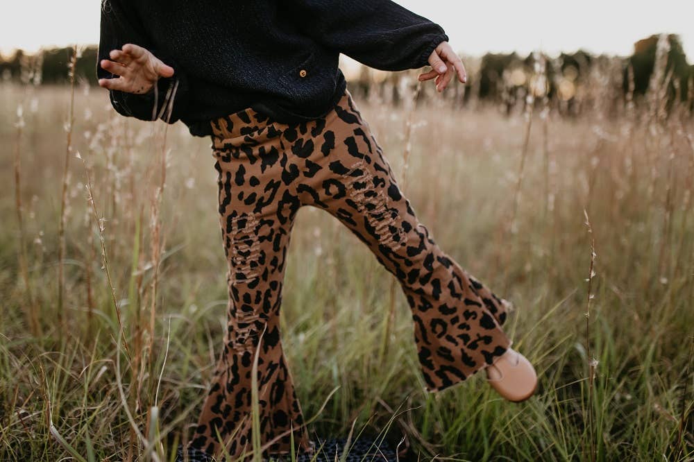 GIrls Leopard Denim Flare Pants
