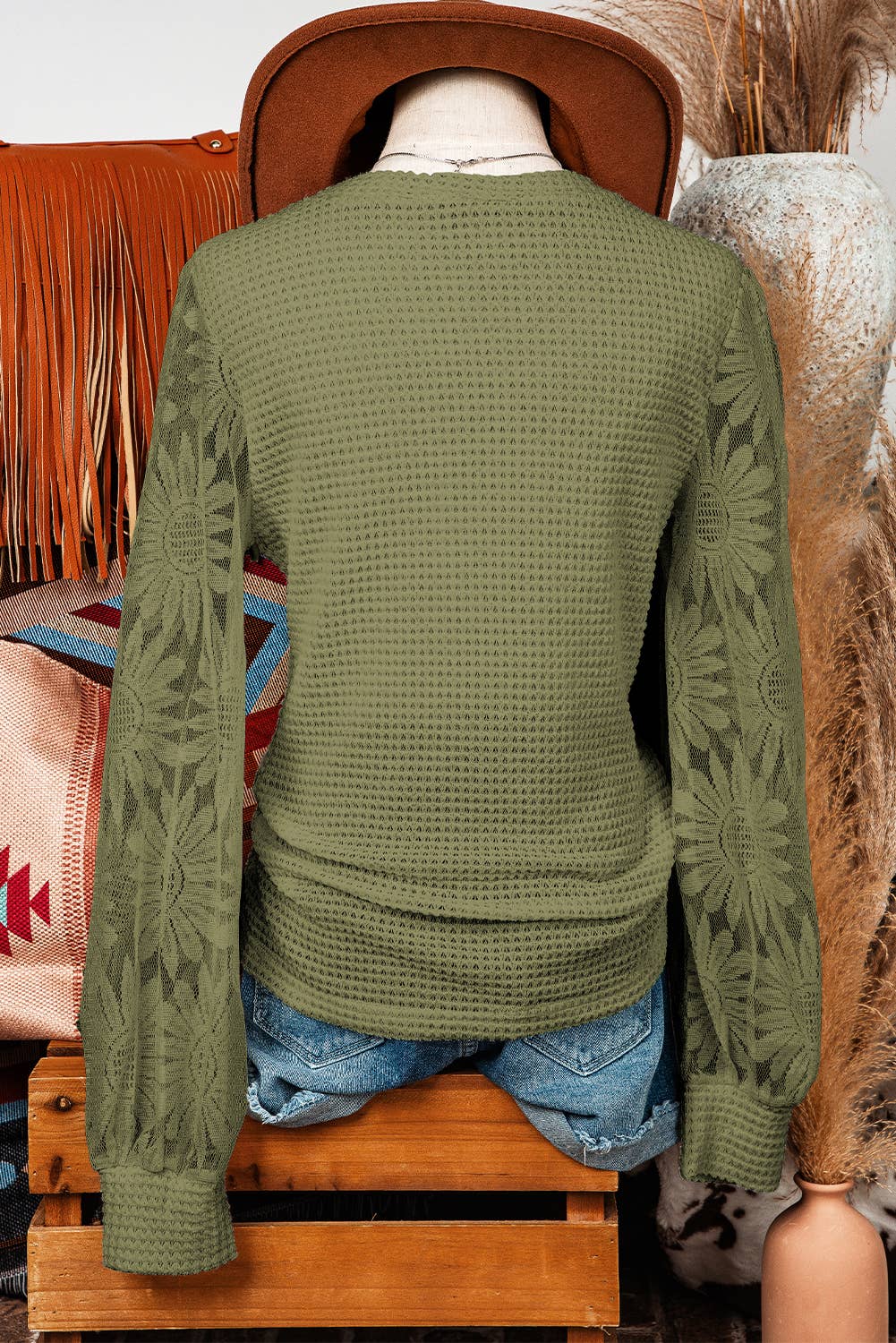 Sunflower Mesh Bubble Sleeve Waffle Knit Top