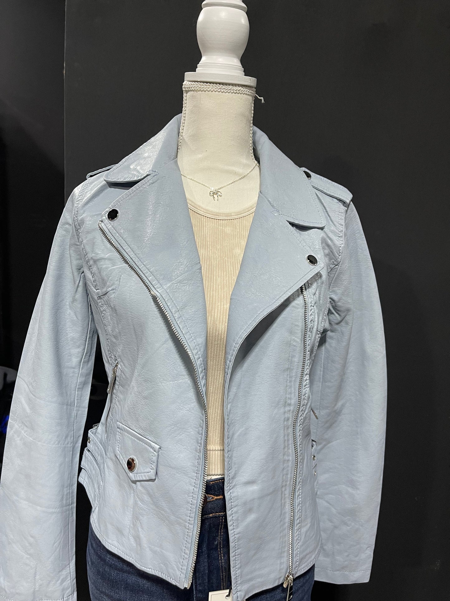 Baby blue leather jacket