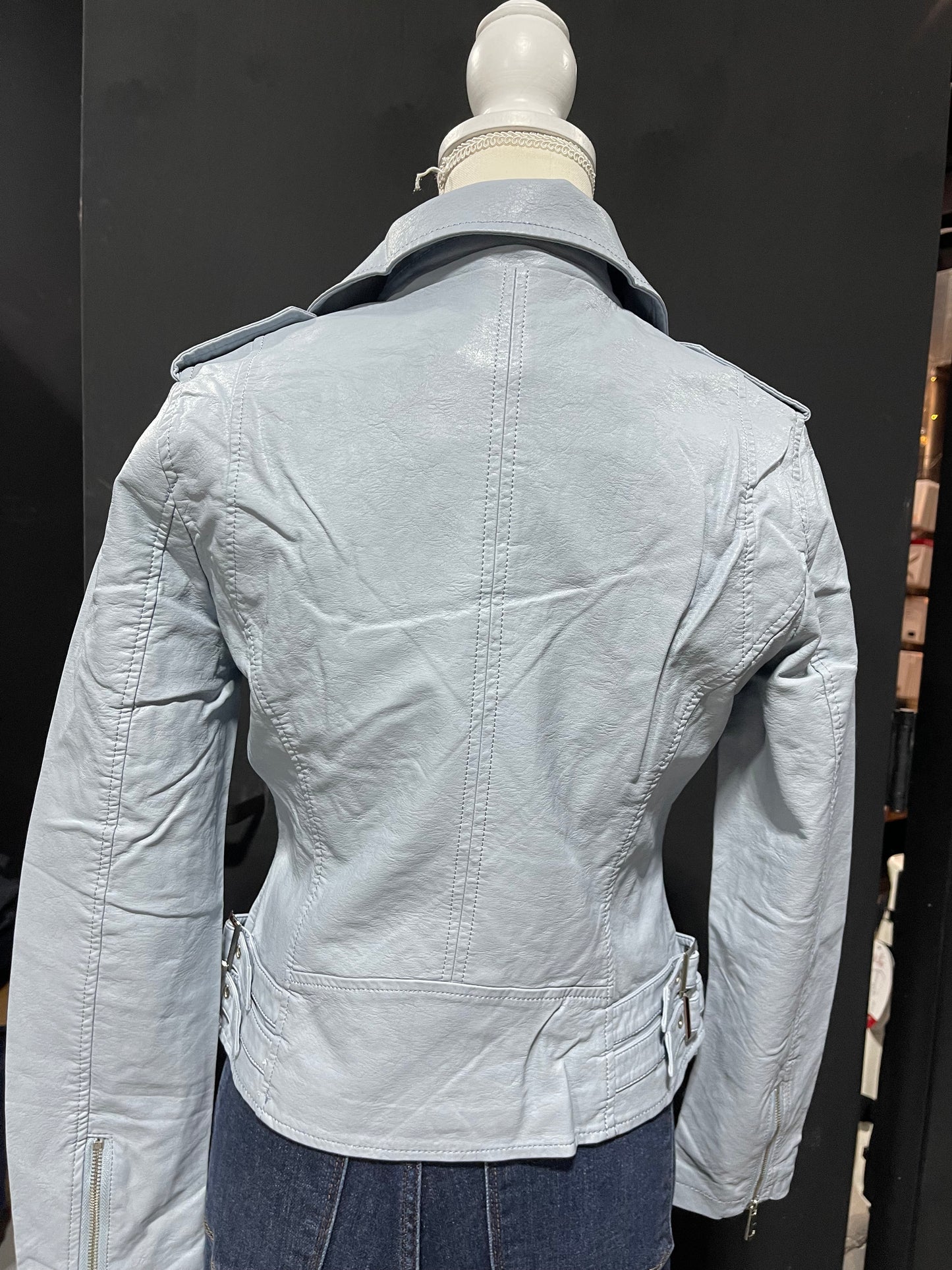 Baby blue leather jacket