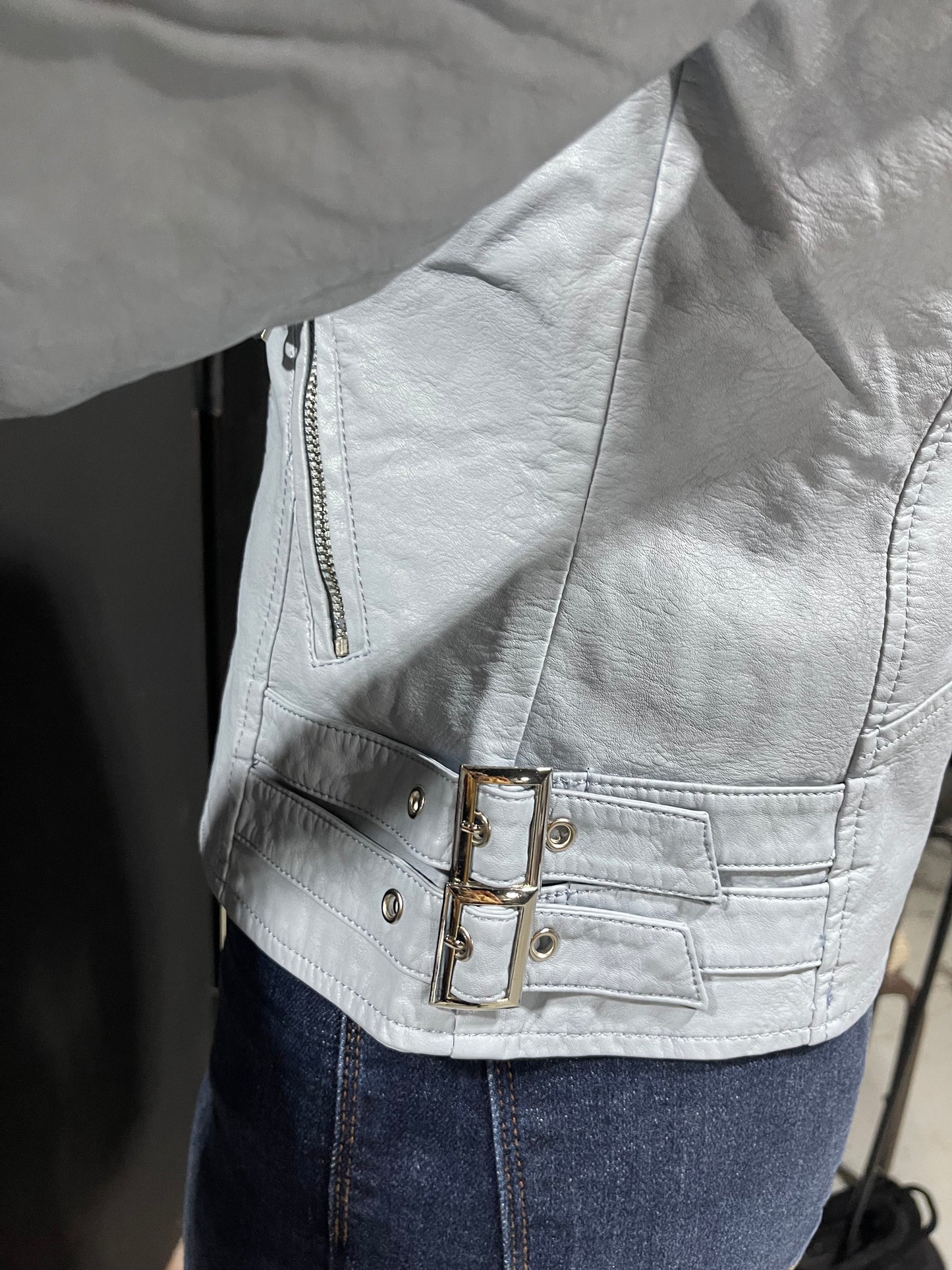 Baby blue leather jacket