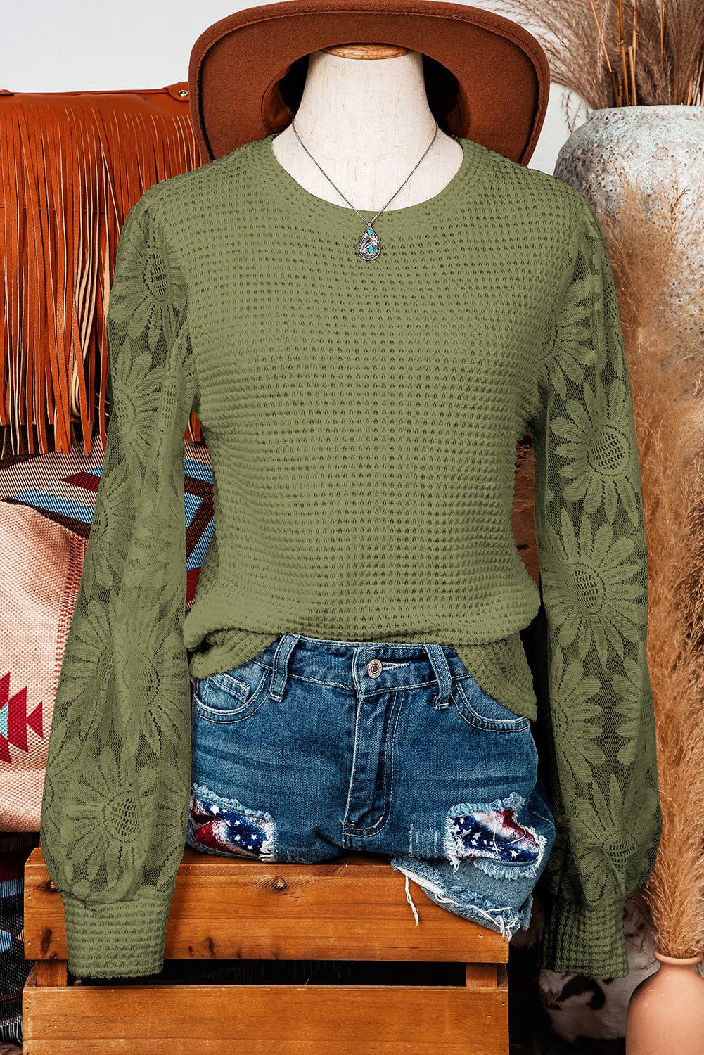 Sunflower Mesh Bubble Sleeve Waffle Knit Top