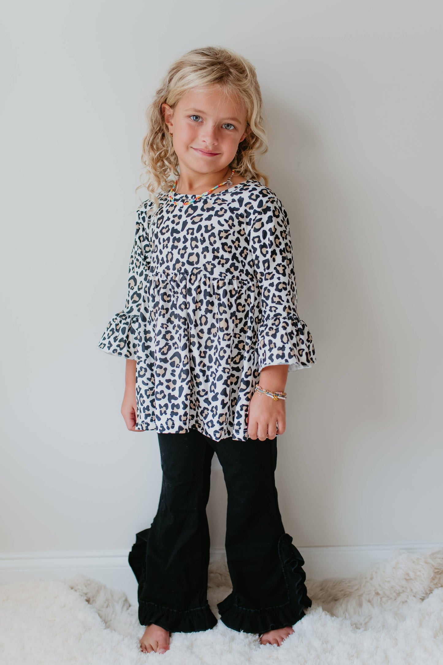 Kids Fall Winter Leopard Print Ruffle Top Shirt Blouse