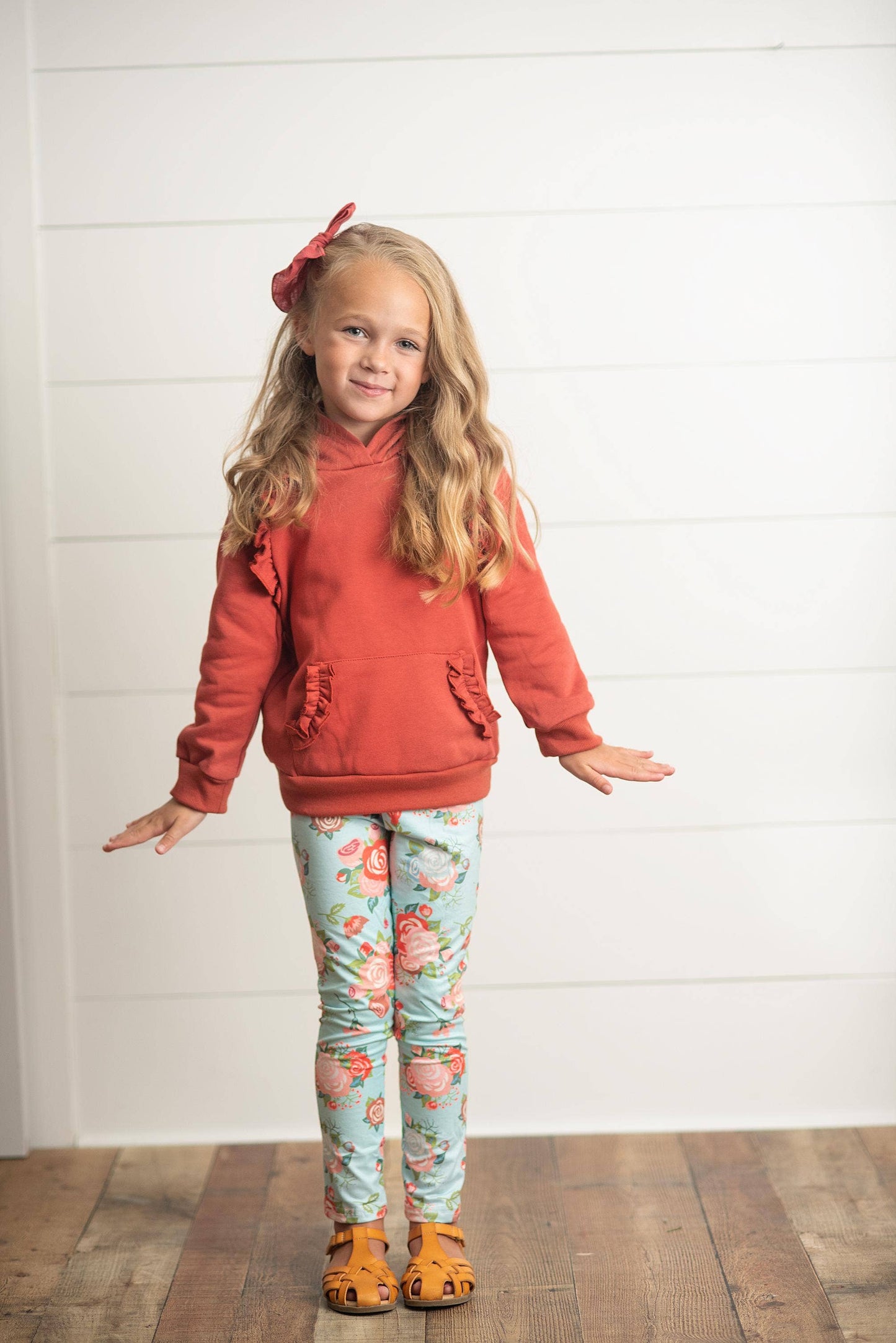 Kids Rust Pocket Ruffle Hoodie Shirt & Leggings Fall Set