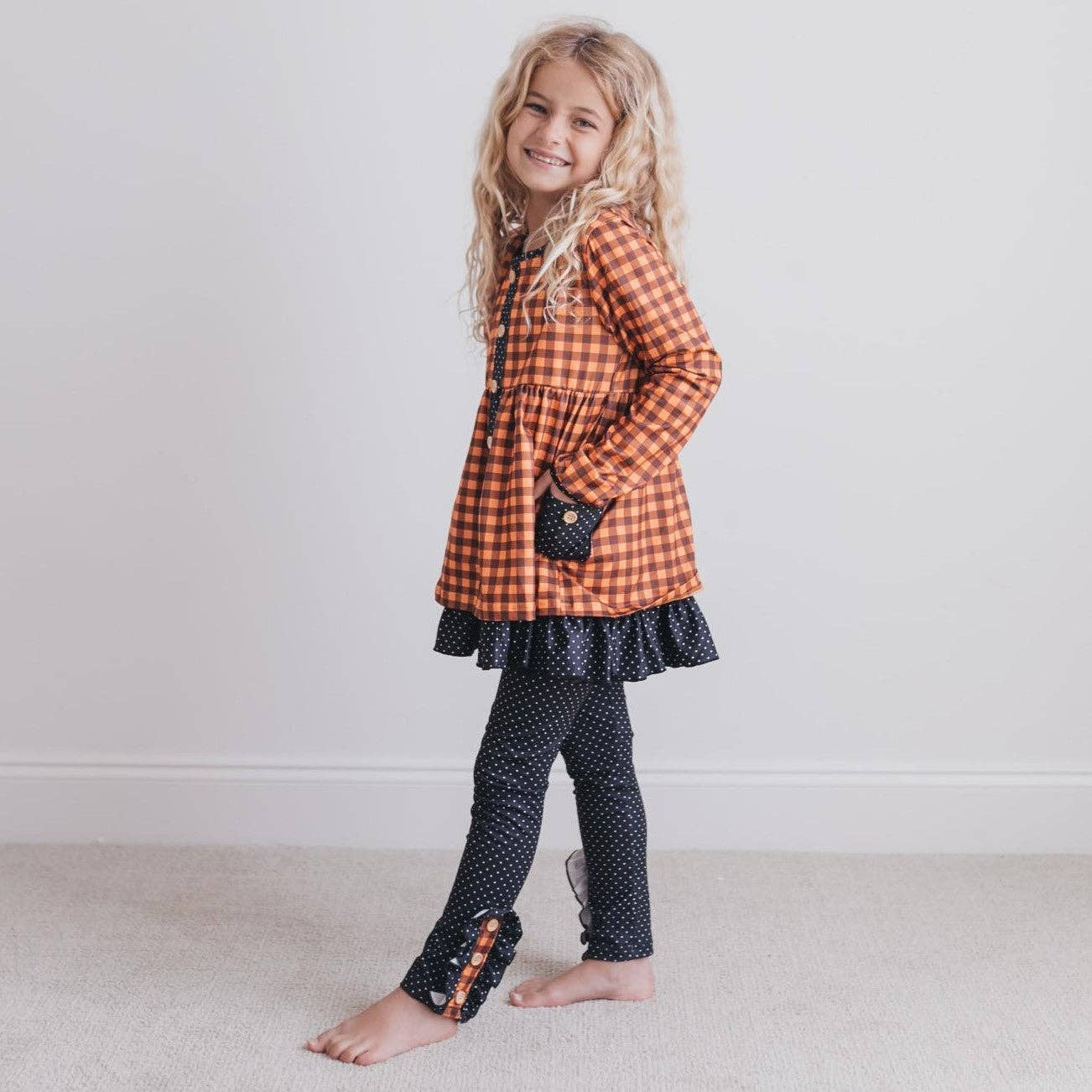 Kids Navy & Rust Gingham Check Button Pocket Pant Fall Set