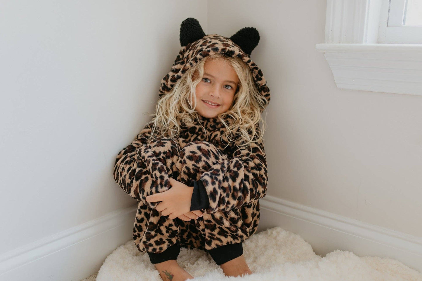 Winter Kids Fuzzy Fur Leopard Onesie with Critter Ears