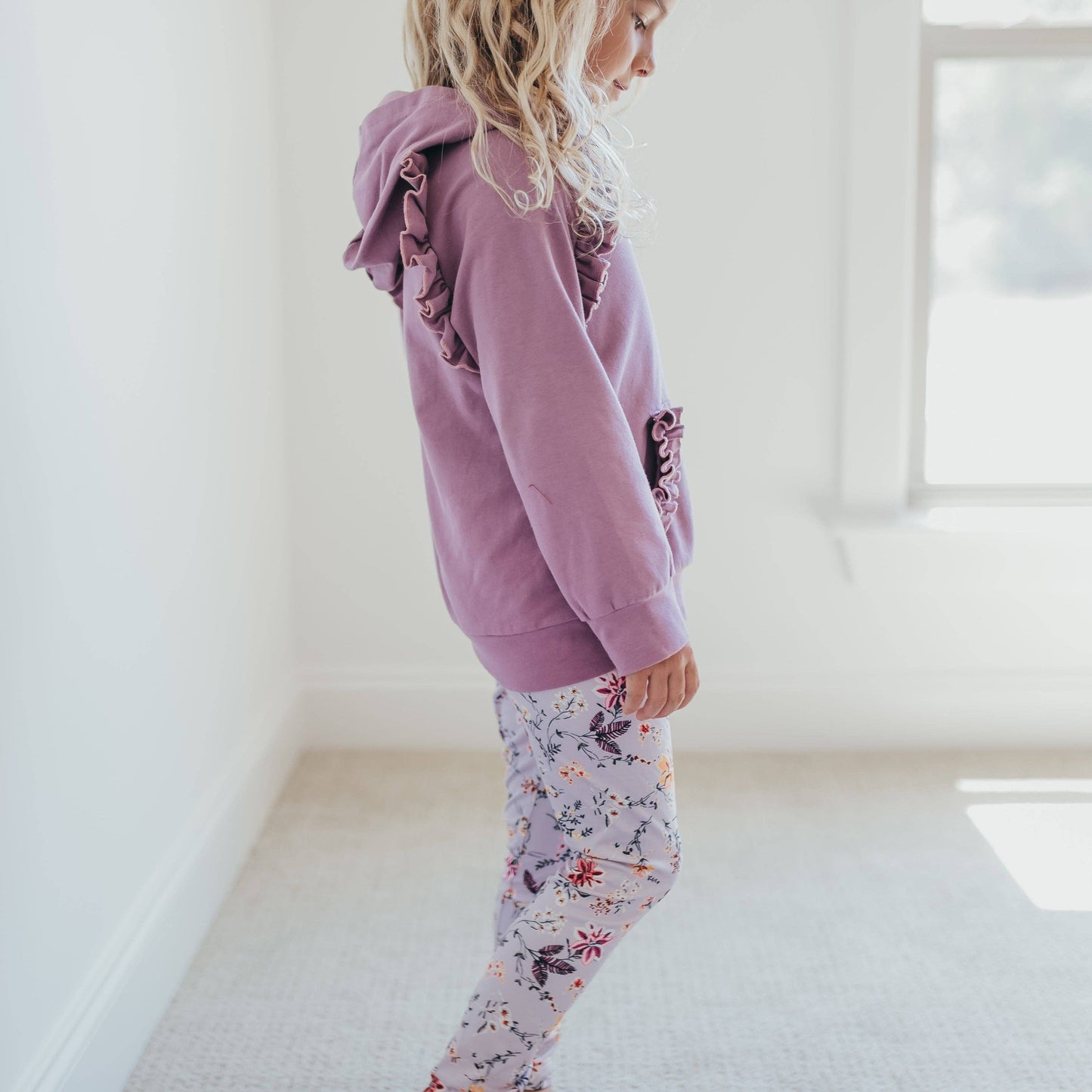 Kids Lavender Floral Ruffle Hoodie Shirt and Leggings Set