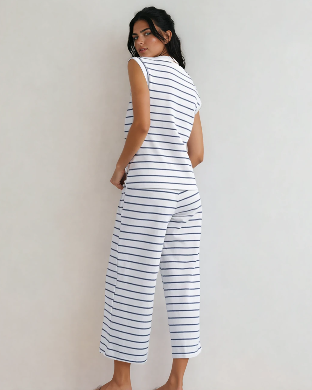 Clementine Striped Tee and Wide Leg Pants Set - Blue
