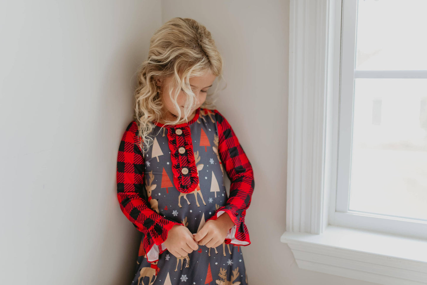 Kids Deer Holiday Christmas Ruffle Button Lounge Gown