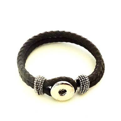 Brown Single Snap Braided Leather Bracelet - Large