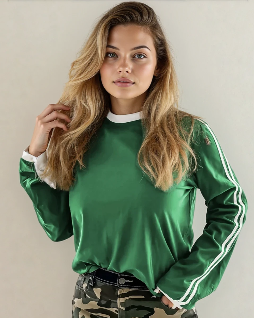 Malani Varsity Striped Crew Neck Long Sleeve Top - Green