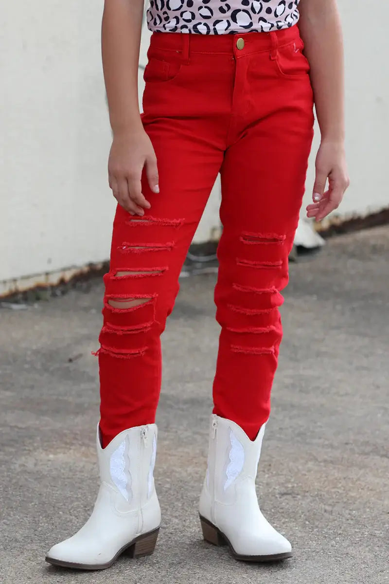 RED RIPPED SKINNY JEANS.Youth