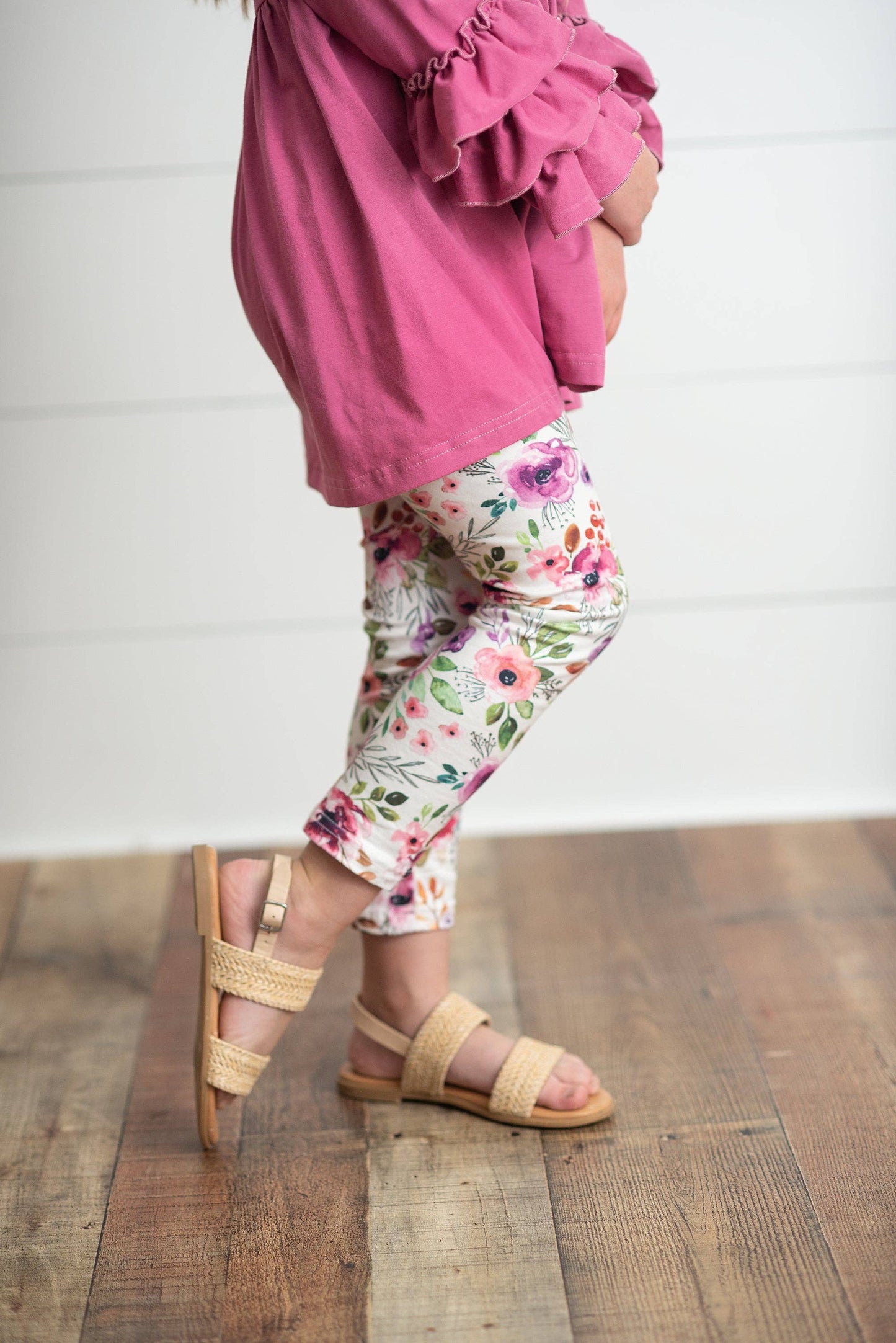 Kids Plum Floral 3 Ruffles Shirt & Leggings Fall Set