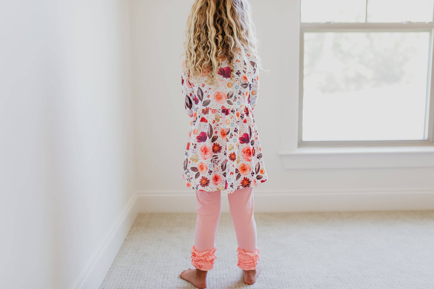 Kids Peach Floral Ruffle Button Two Piece Fall Pant Set