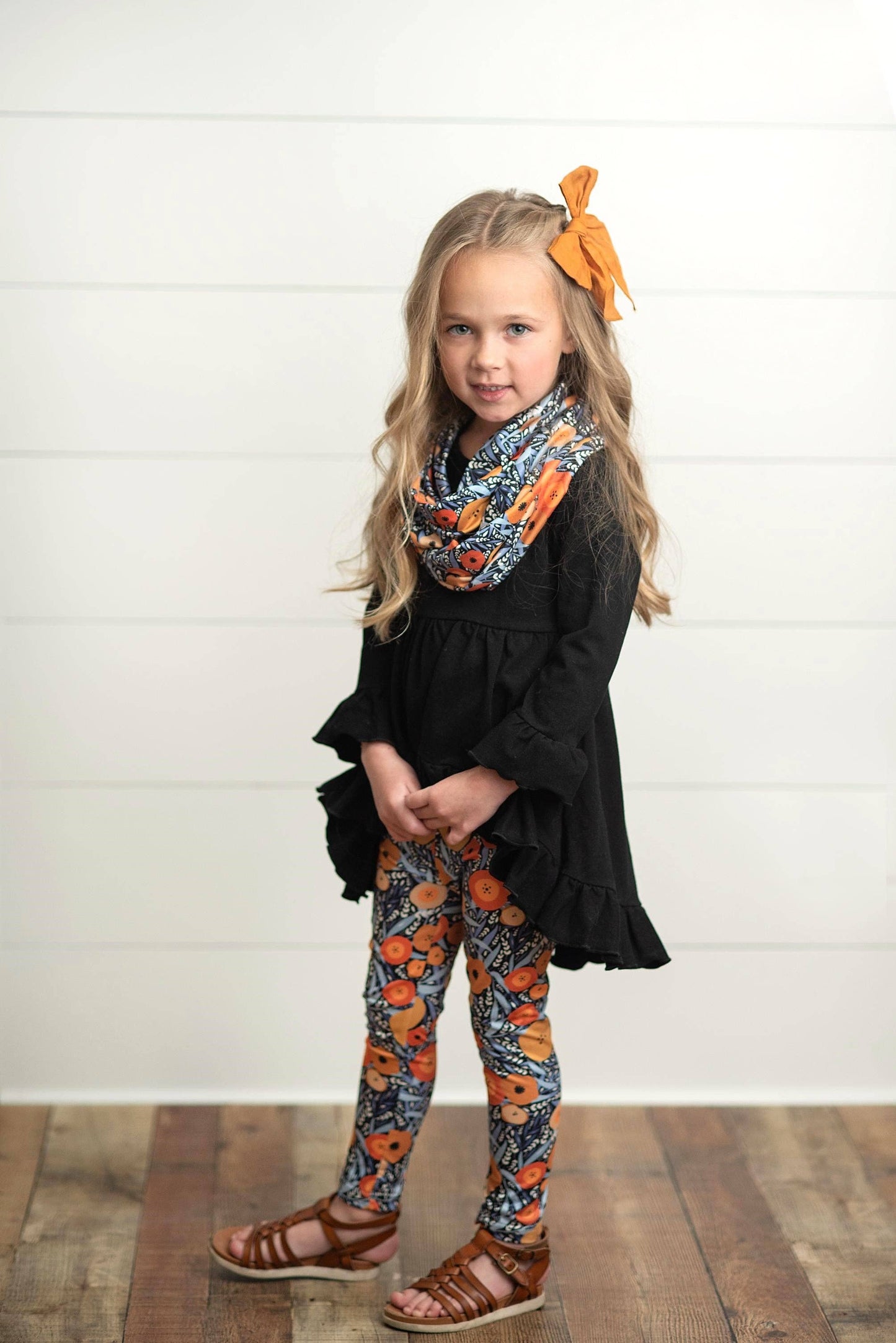 Kids Hi-Lo Black & Floral Print 3 Piece Scarf Fall Set