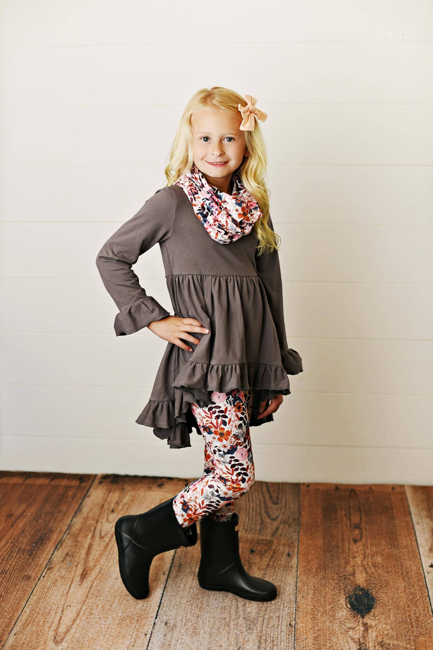 Kids Hi-Lo Gray Floral Print 3 Piece Scarf Fall Winter Set