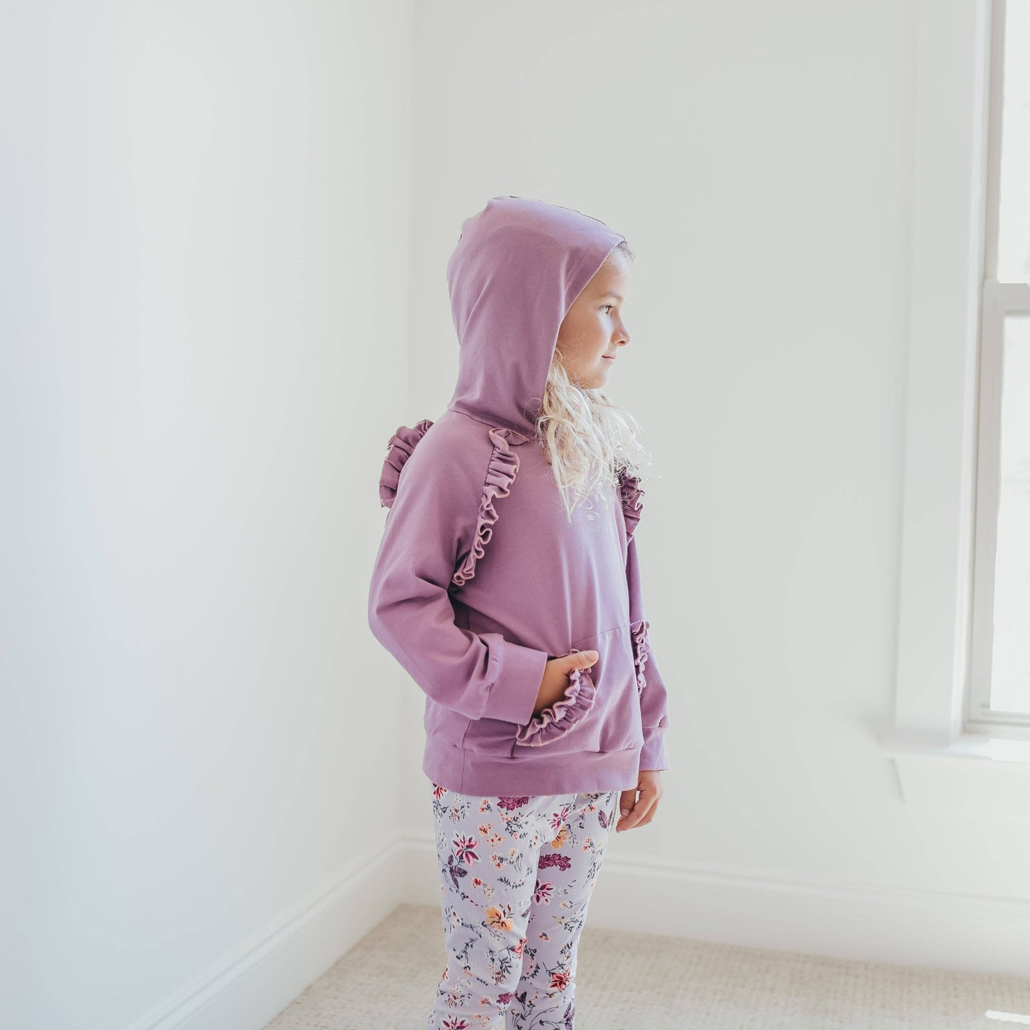 Kids Lavender Floral Ruffle Hoodie Shirt and Leggings Set