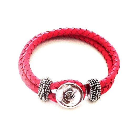 Pink Single Snap Braided Leather Bracelet - Large