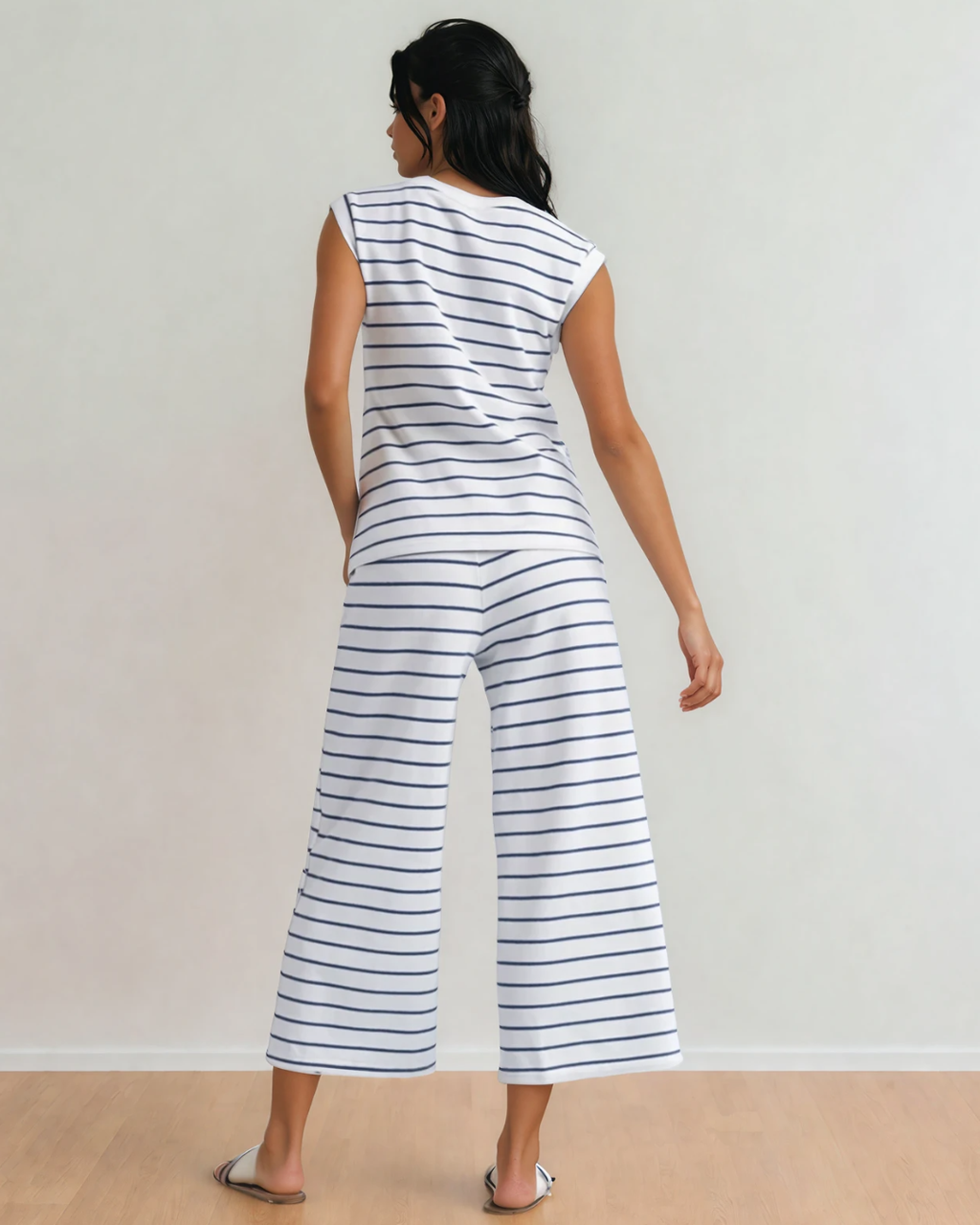 Clementine Striped Tee and Wide Leg Pants Set - Blue