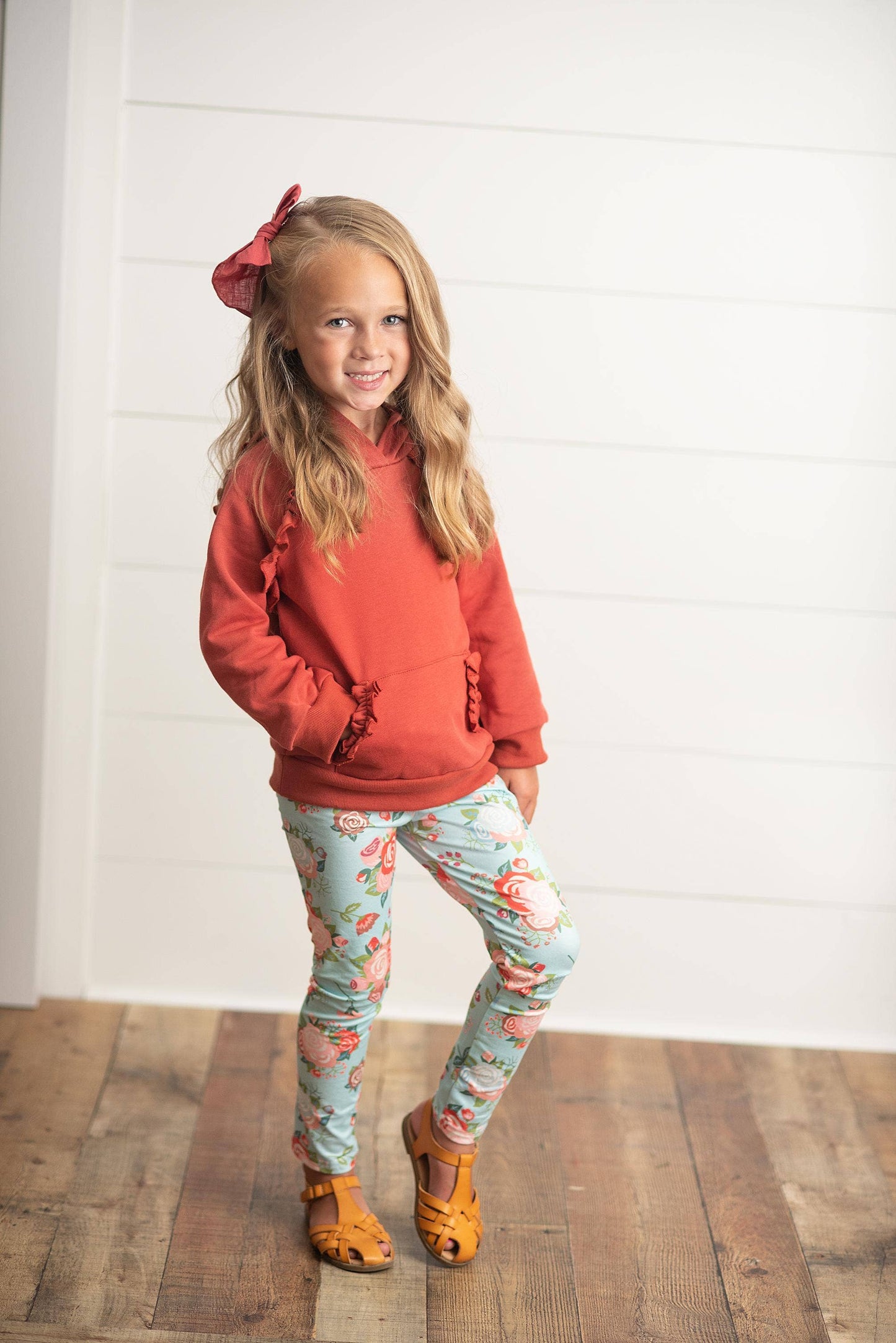 Kids Rust Pocket Ruffle Hoodie Shirt & Leggings Fall Set