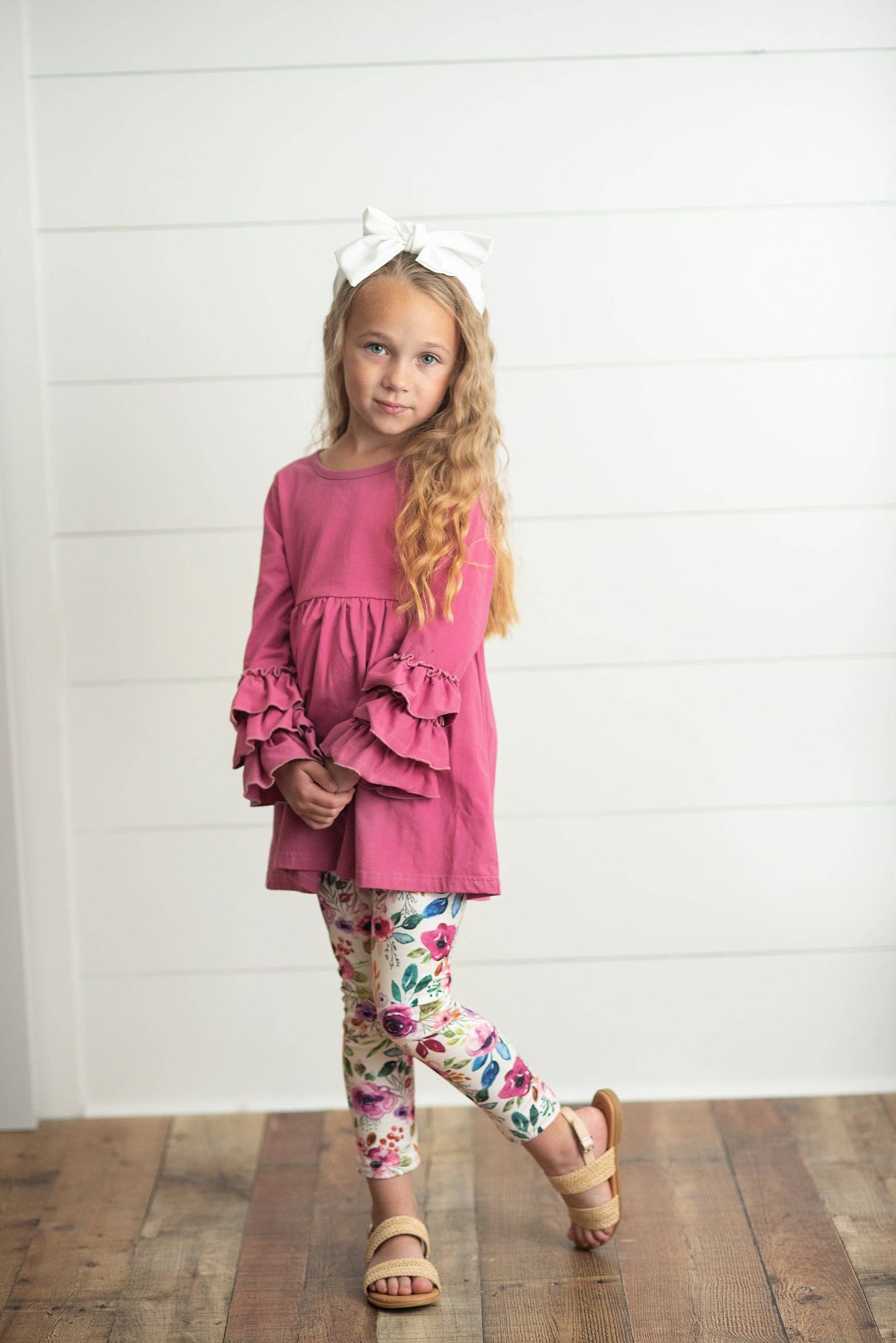 Kids Plum Floral 3 Ruffles Shirt & Leggings Fall Set