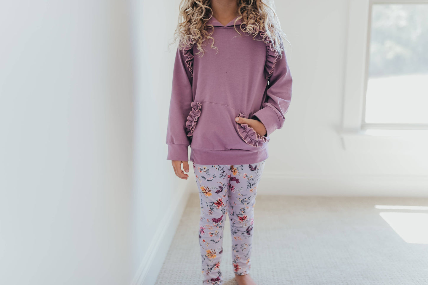 Kids Lavender Floral Ruffle Hoodie Shirt and Leggings Set