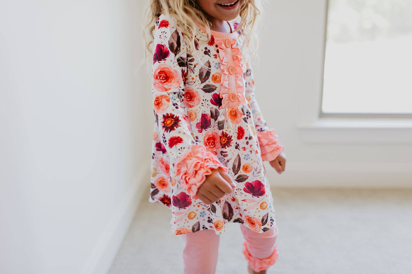 Kids Peach Floral Ruffle Button Two Piece Fall Pant Set