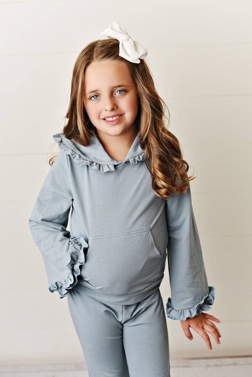 Kids Gray Hooded Ruffle Pocket Lounge Set