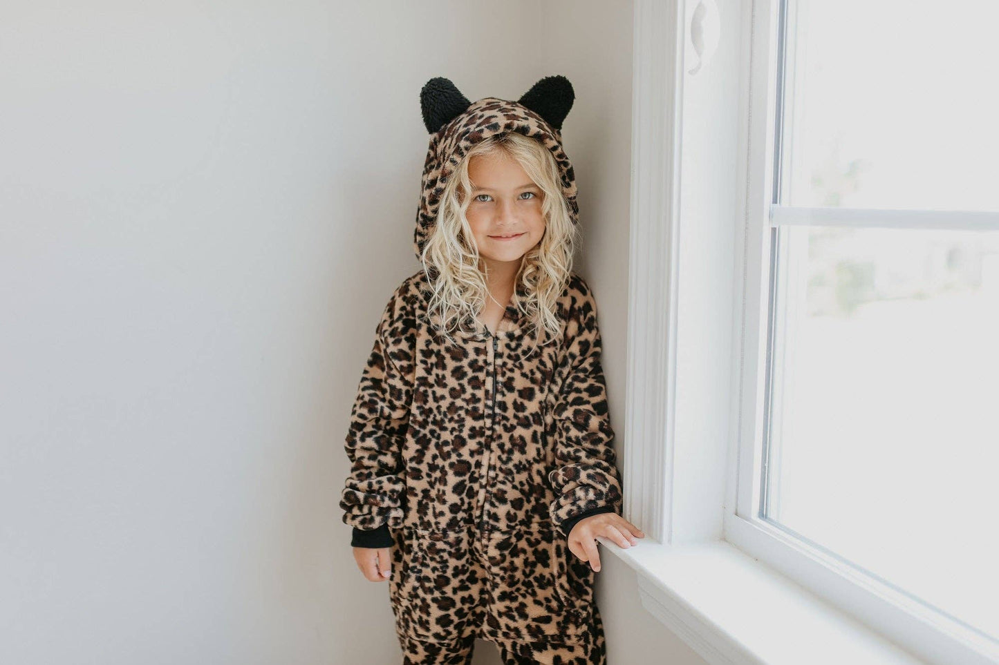 Winter Kids Fuzzy Fur Leopard Onesie with Critter Ears