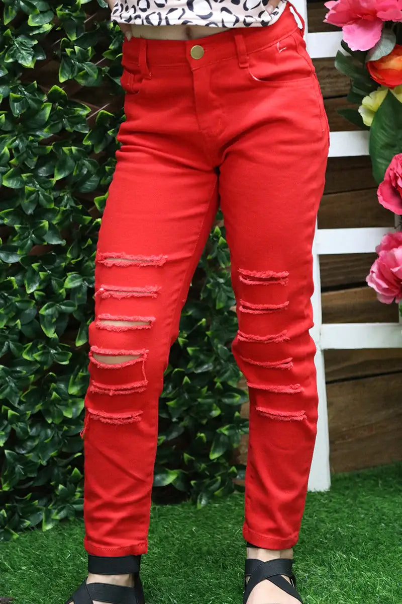 RED RIPPED SKINNY JEANS.Youth