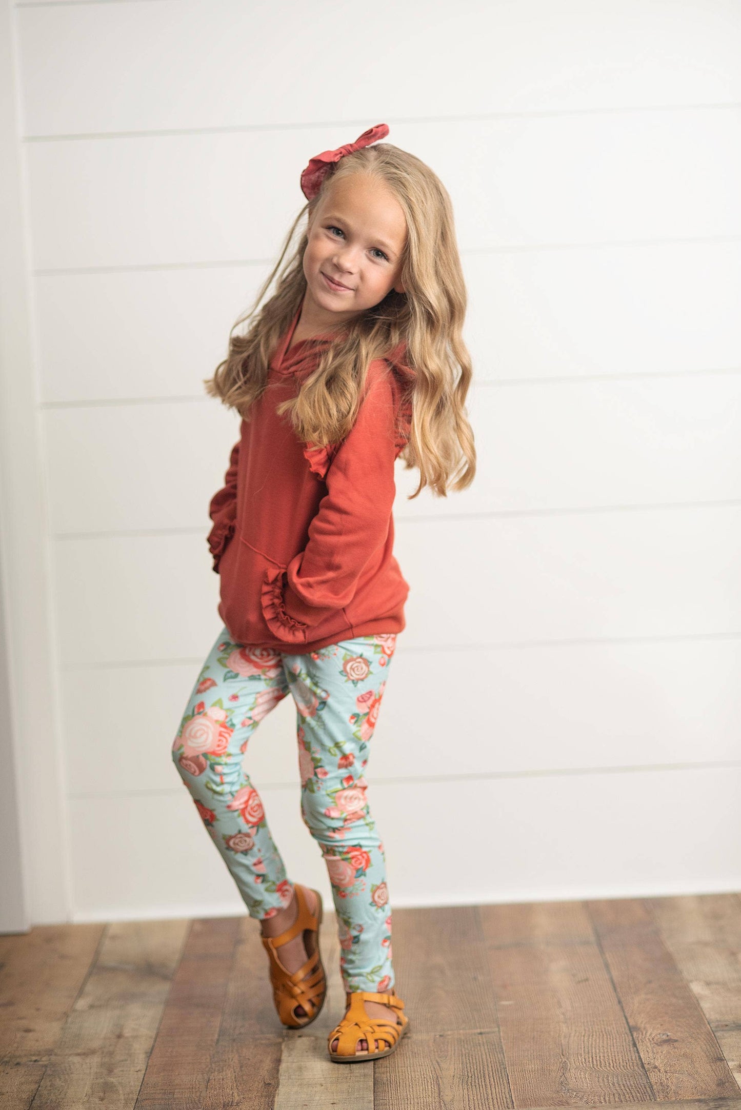 Kids Rust Pocket Ruffle Hoodie Shirt & Leggings Fall Set