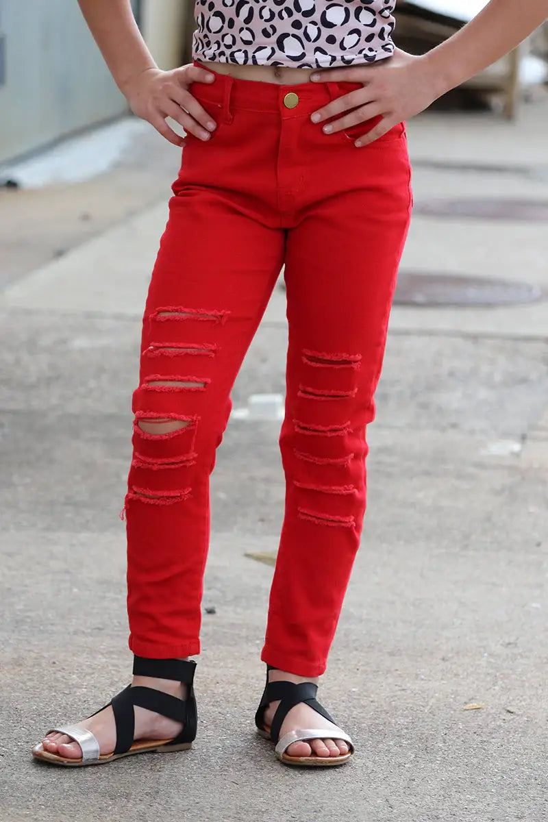 RED RIPPED SKINNY JEANS.Youth