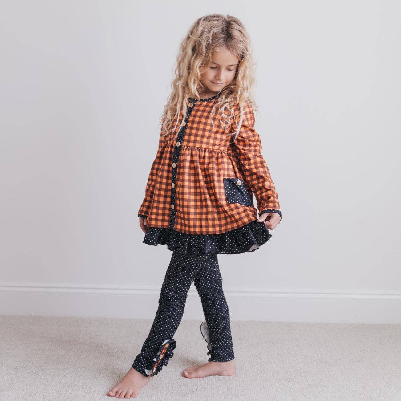 Kids Navy & Rust Gingham Check Button Pocket Pant Fall Set