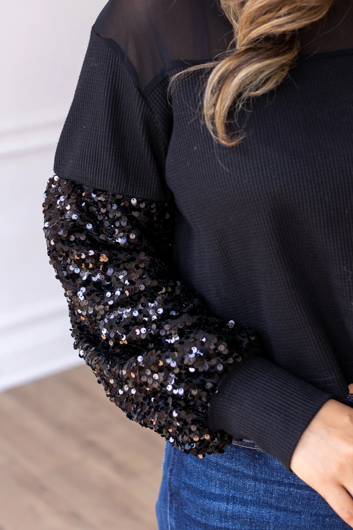 Black Waffle Knit Top w/ Sequin