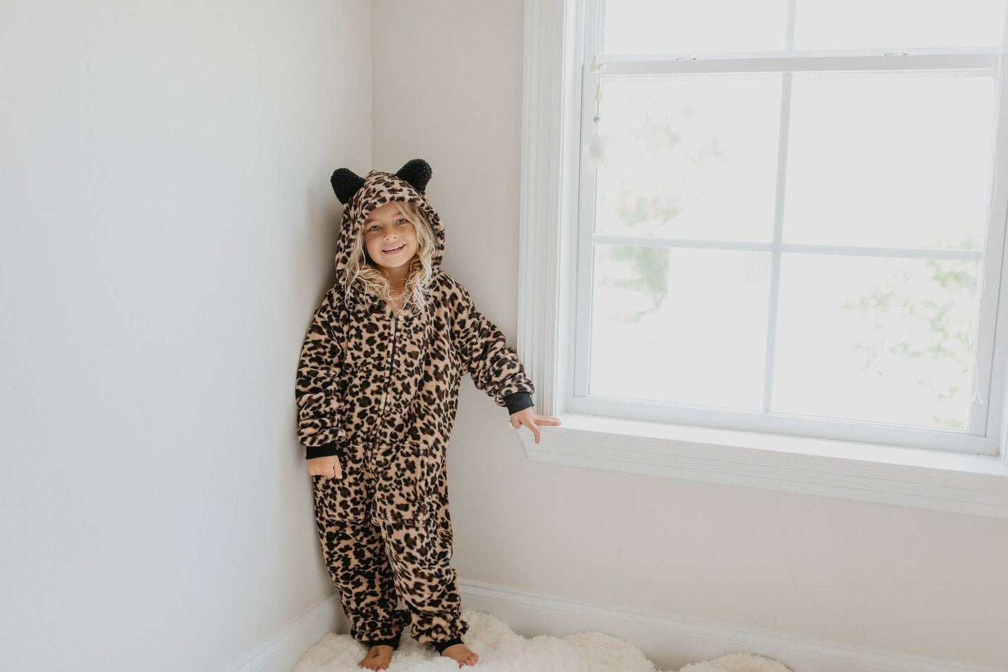 Winter Kids Fuzzy Fur Leopard Onesie with Critter Ears