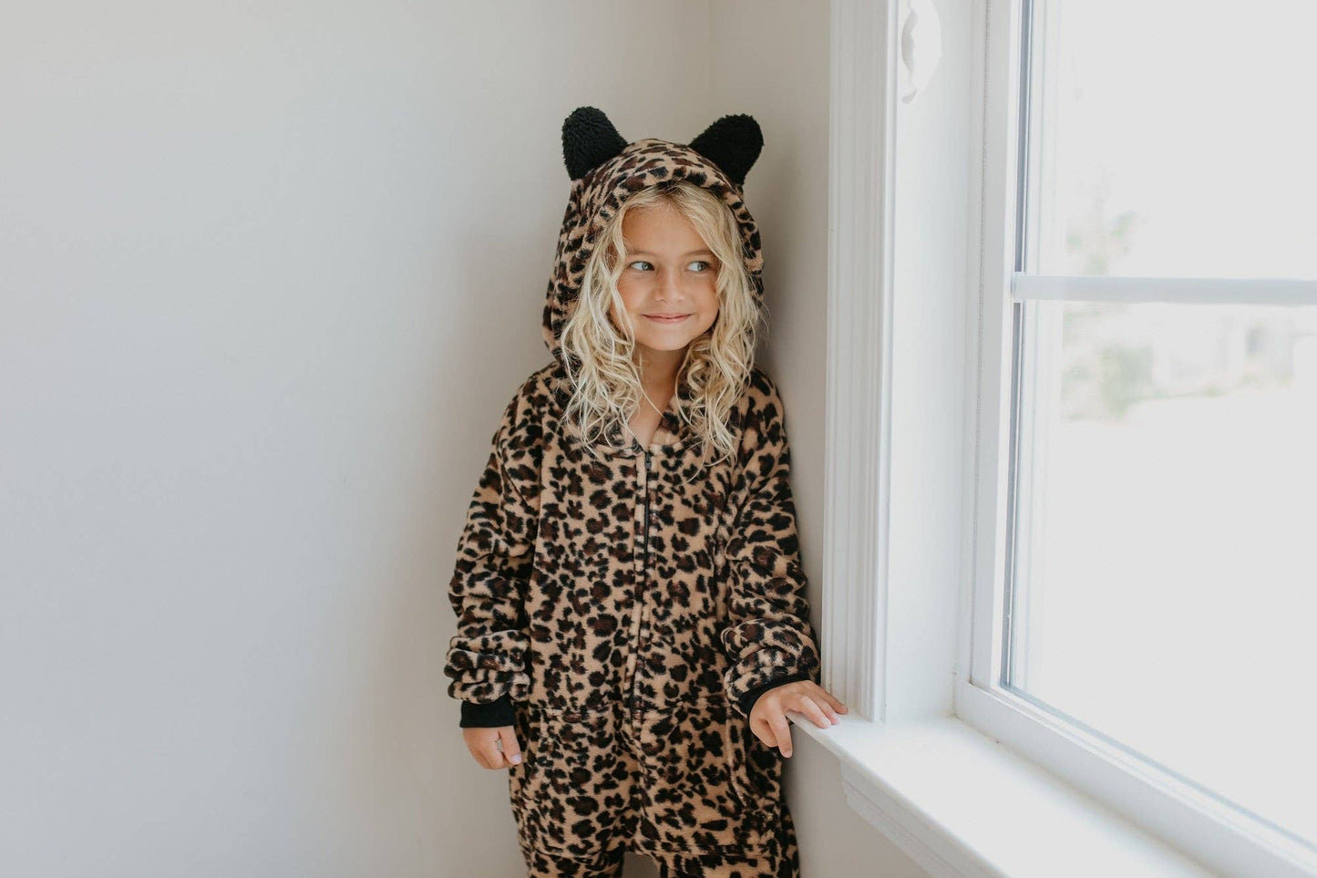 Winter Kids Fuzzy Fur Leopard Onesie with Critter Ears