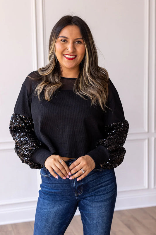 Black Waffle Knit Top w/ Sequin