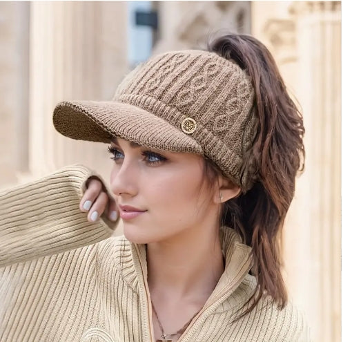 Cotton knit ponytail beanie cap