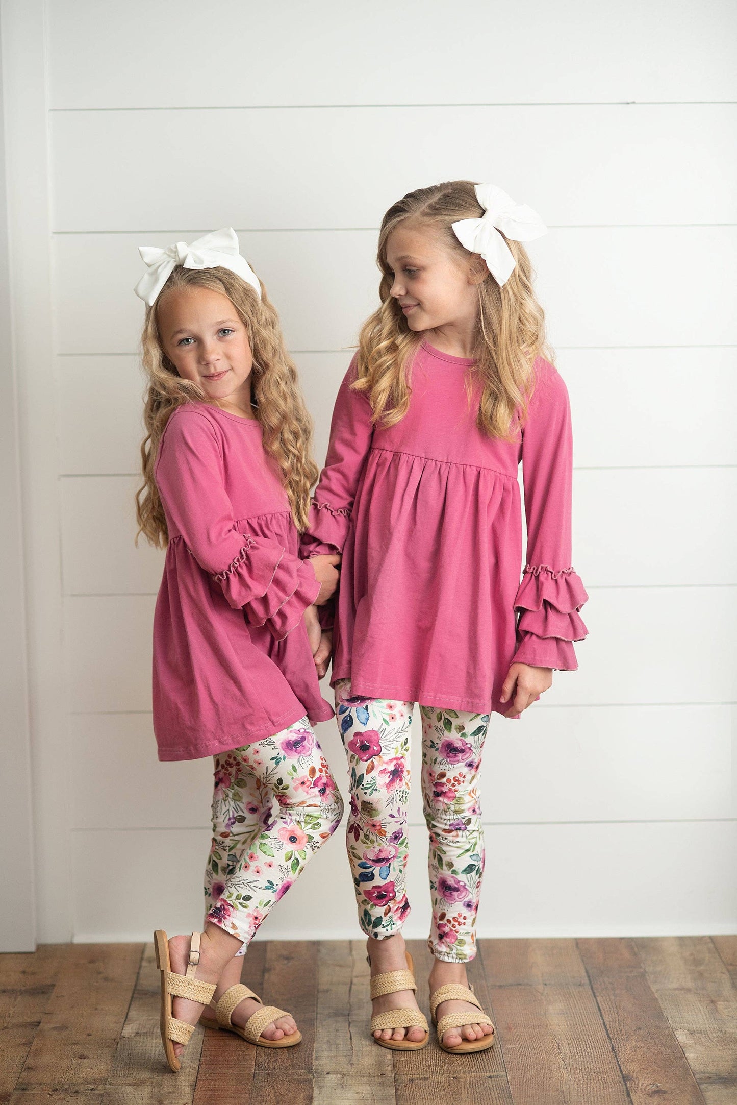 Kids Plum Floral 3 Ruffles Shirt & Leggings Fall Set