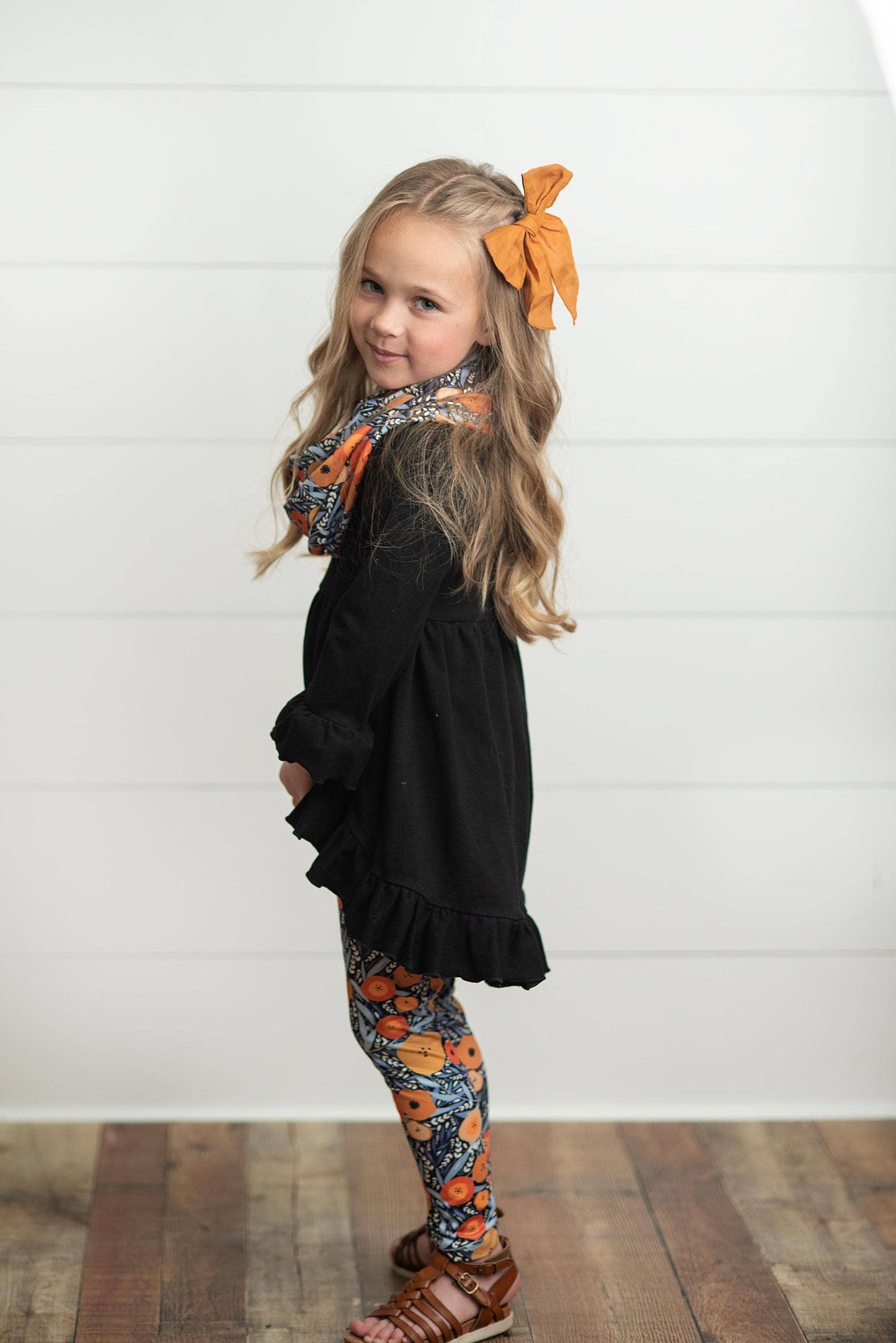 Kids Hi-Lo Black & Floral Print 3 Piece Scarf Fall Set