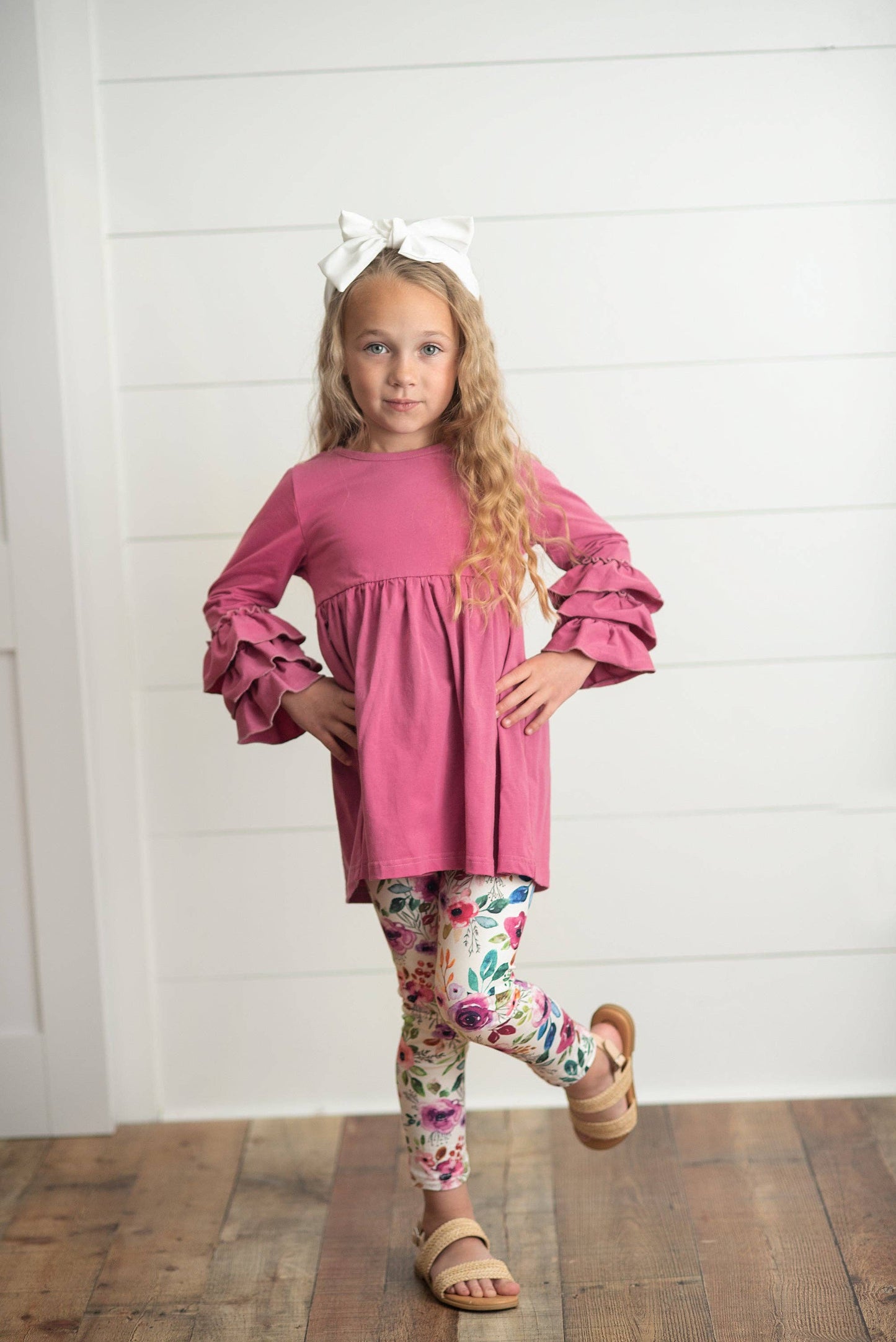 Kids Plum Floral 3 Ruffles Shirt & Leggings Fall Set