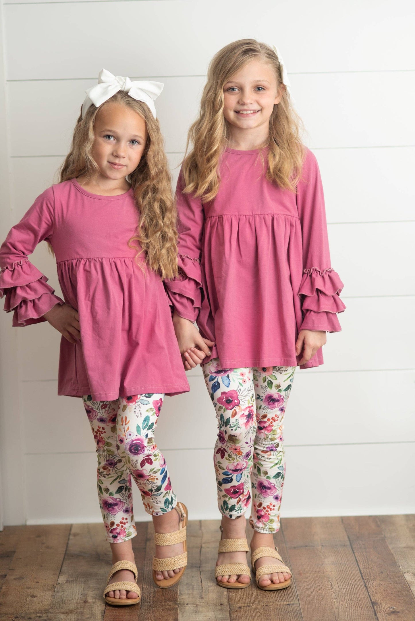 Kids Plum Floral 3 Ruffles Shirt & Leggings Fall Set