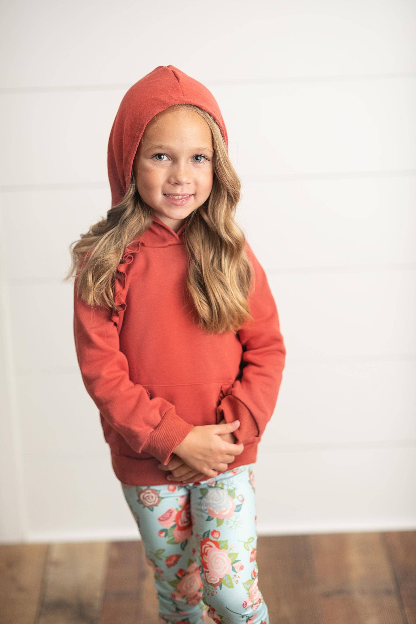 Kids Rust Pocket Ruffle Hoodie Shirt & Leggings Fall Set