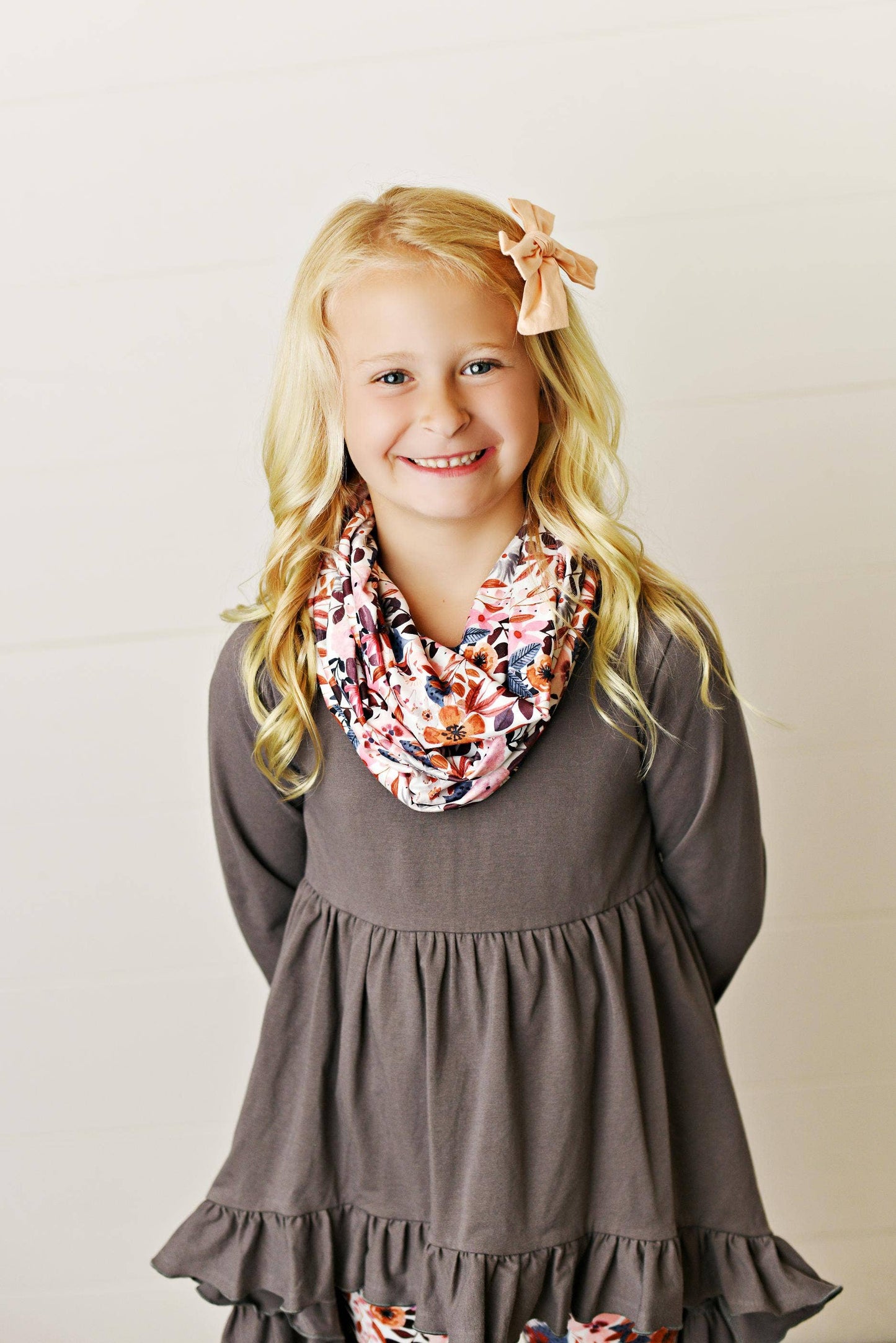 Kids Hi-Lo Gray Floral Print 3 Piece Scarf Fall Winter Set