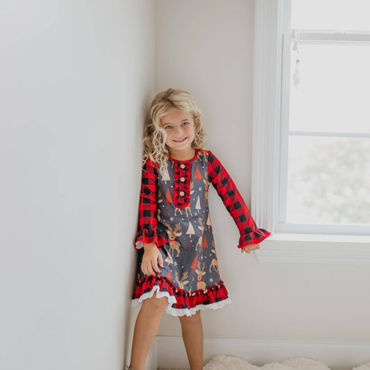 Kids Deer Holiday Christmas Ruffle Button Lounge Gown